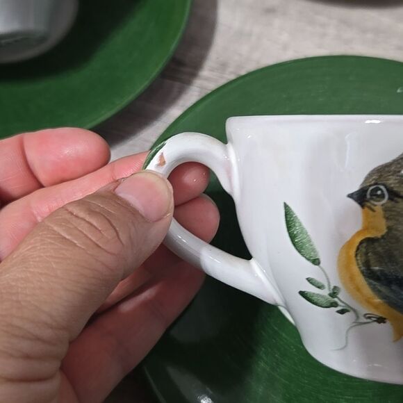 Vintage HTF Maja Mexico Pottery Cup & Saucers Hand Painted Birds - Green Trim - Picture 8 of 17